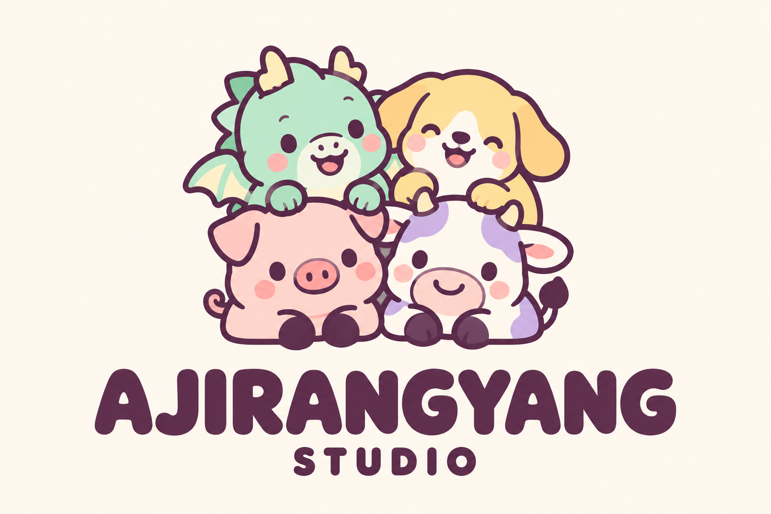 민트색 용, 노란 개, 분홍 돼지, 보라색 무늬 소가 다정하게 모인 아지랑양 스튜디오 로고